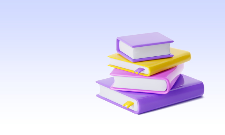 Une pile de livres colorés en 3D sur un fond dégradé bleu clair à blanc. Les livres ont des couvertures violettes, jaunes et roses avec des pages blanches. Certains livres ont des rubans de lecture.